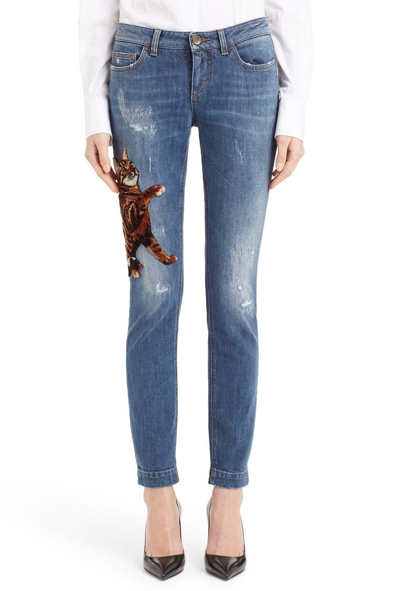 Cat Embellished Skinny Jeans, Main, color, DENIM BLUE