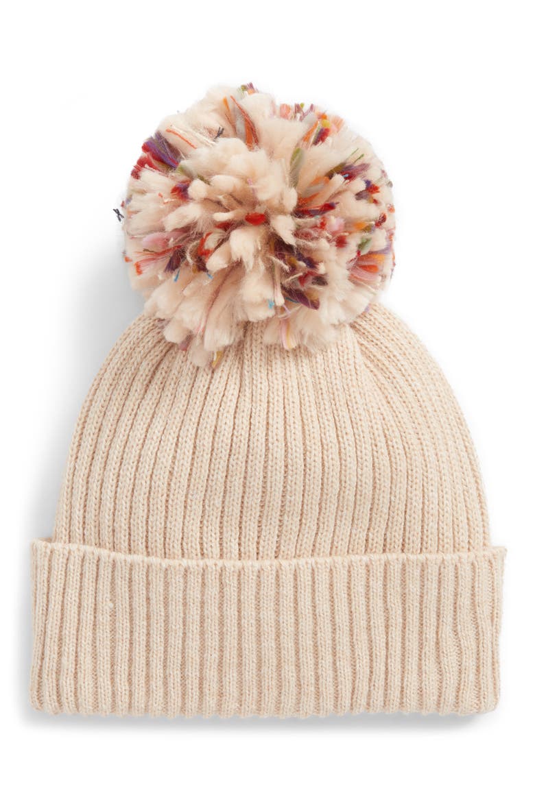 Colorful Pompom Beanie, Main, color, TAN