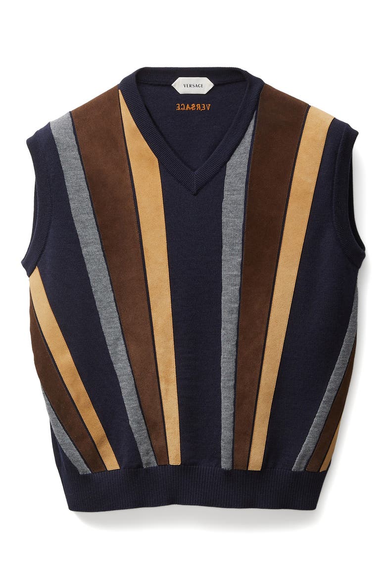 Gender Inclusive Mixed Media Patchwork Sweater Vest, Alternate, color, NAVY