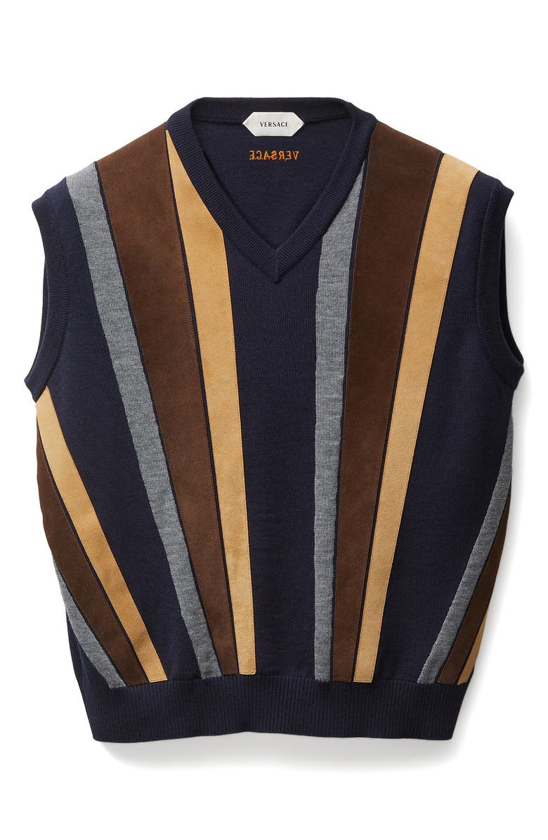 Versace Gender Inclusive Mixed Media Patchwork Sweater Vest, Alternate, color, Navy