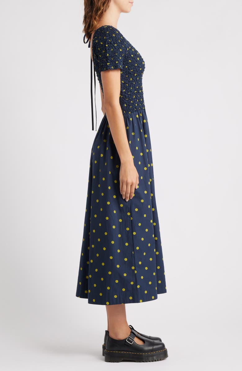 Damson Madder Malinda Polka Dot Super Smocked Organic Cotton Dress, Alternate, color, Navy