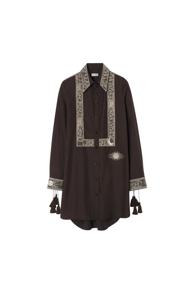 Embroidered Silk Shirt Dress, Alternate, color, Campfire brown