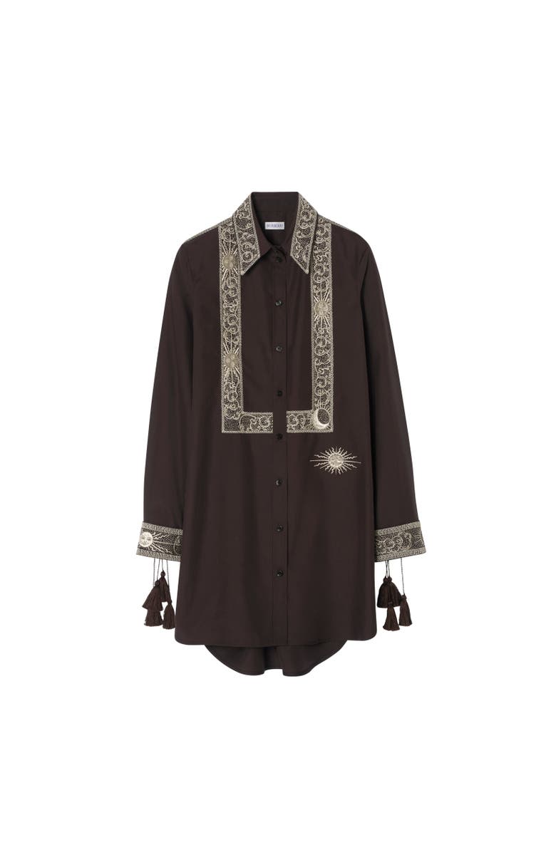 Burberry Embroidered Silk Shirt Dress, Alternate, color, Campfire Brown