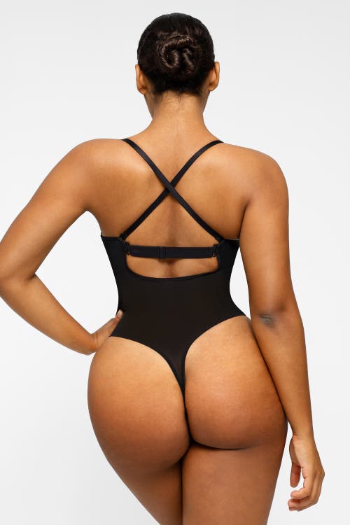 Shapellx Airslim Deep Plunge Low-back Thong Bodysuit In Black