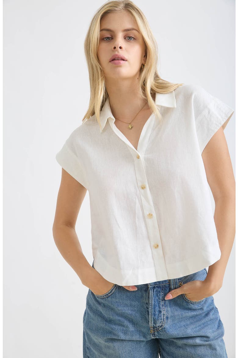 Linen Blend Short Sleeve Button Down Shirt, Alternate, color, WHITE