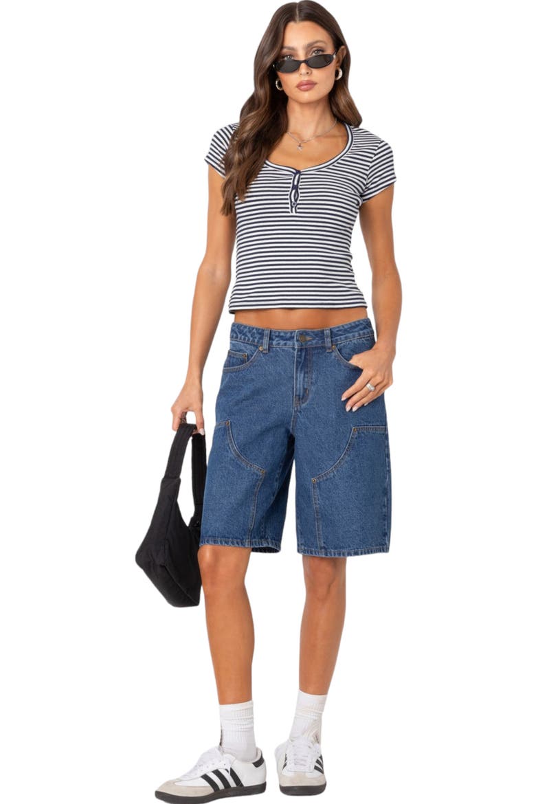 Kady Stripe Short Sleeve Henley Top, Alternate, color, NAVY