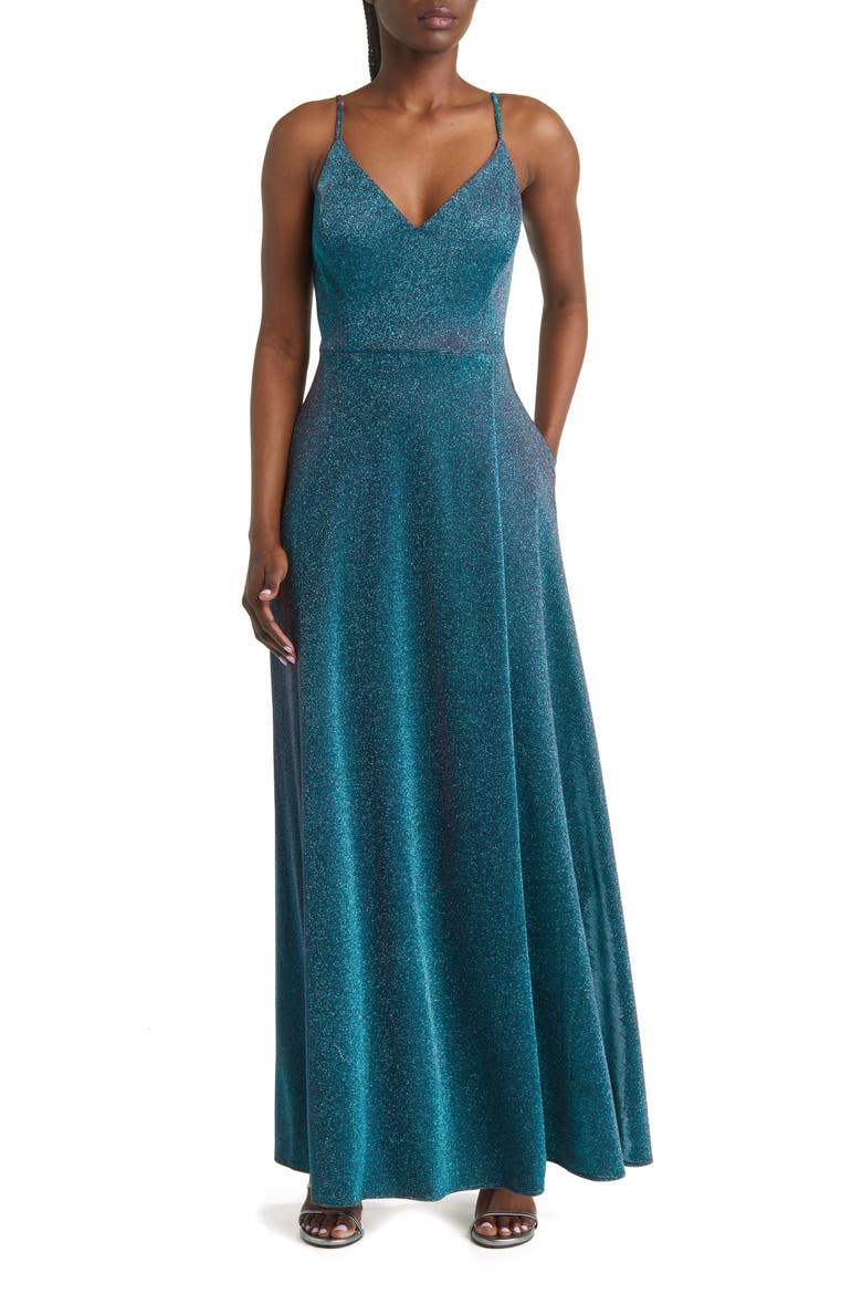 Caged Back Shimmer Gown, Main, color, TEAL