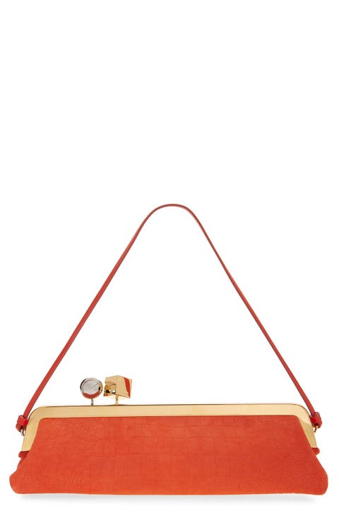 La Pochette Salon Croc Embossed Suede Clutch