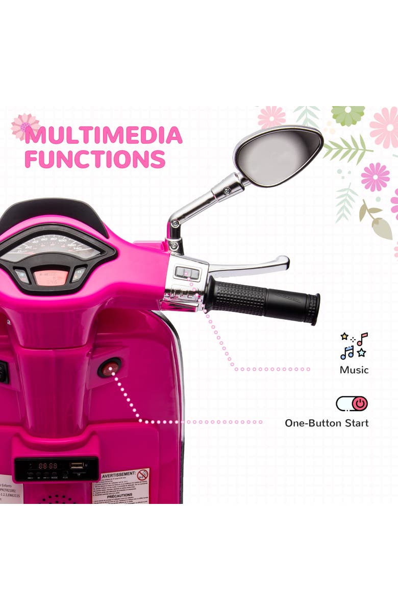 Qaba Vespa 6V Kids Electric Motorcycle with Music, FM Radio, Headlight, Single Button Start, Alternate, color, Pink