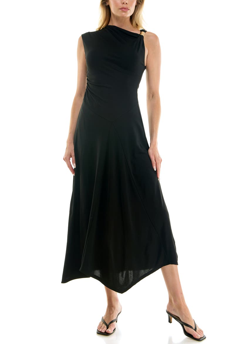 Asymmetric Side Ruched Midi Dress, Main, color, BLACK