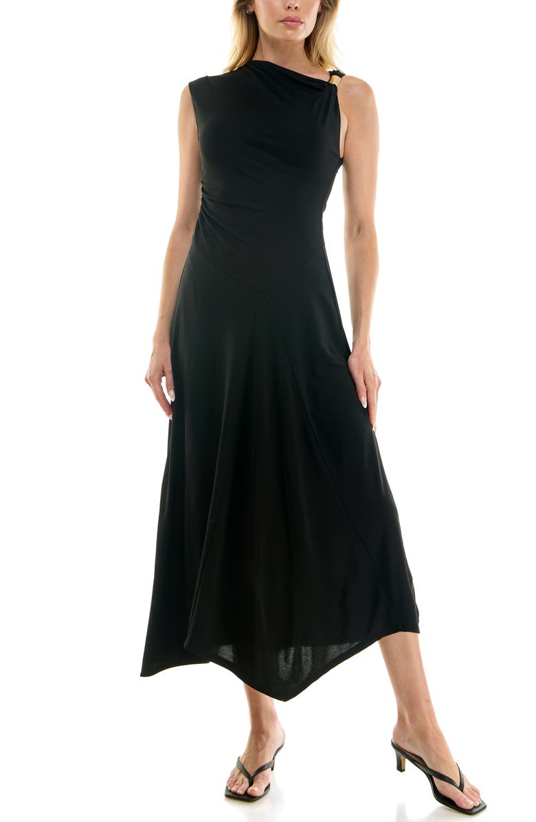 Socialite Asymmetric Side Ruched Midi Dress, Main, color, Black