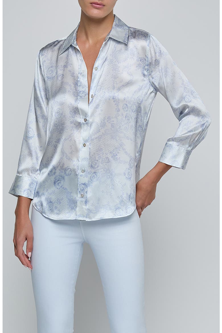 Dani Lace Print Three-Quarter Sleeve Silk Button-Up Shirt, Main, color, IVORY MIST/ BLUE LACE PRINT