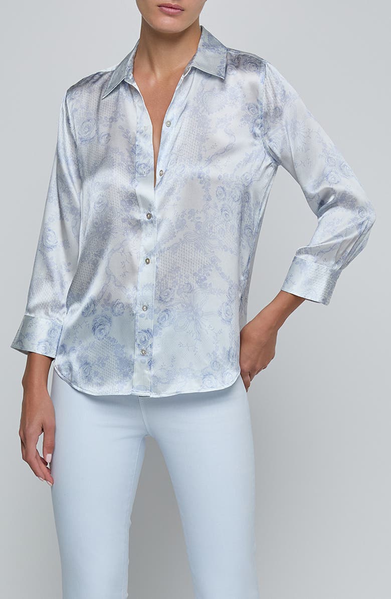 L'AGENCE Dani Lace Print Three-Quarter Sleeve Silk Button-Up Shirt, Main, color, Ivory Mist/ Blue Lace Print