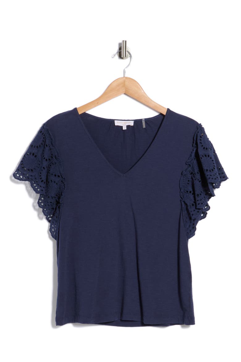 Diana Eyelet Sleeve Top, Alternate, color, SPRING NAVY SLUB EYELET