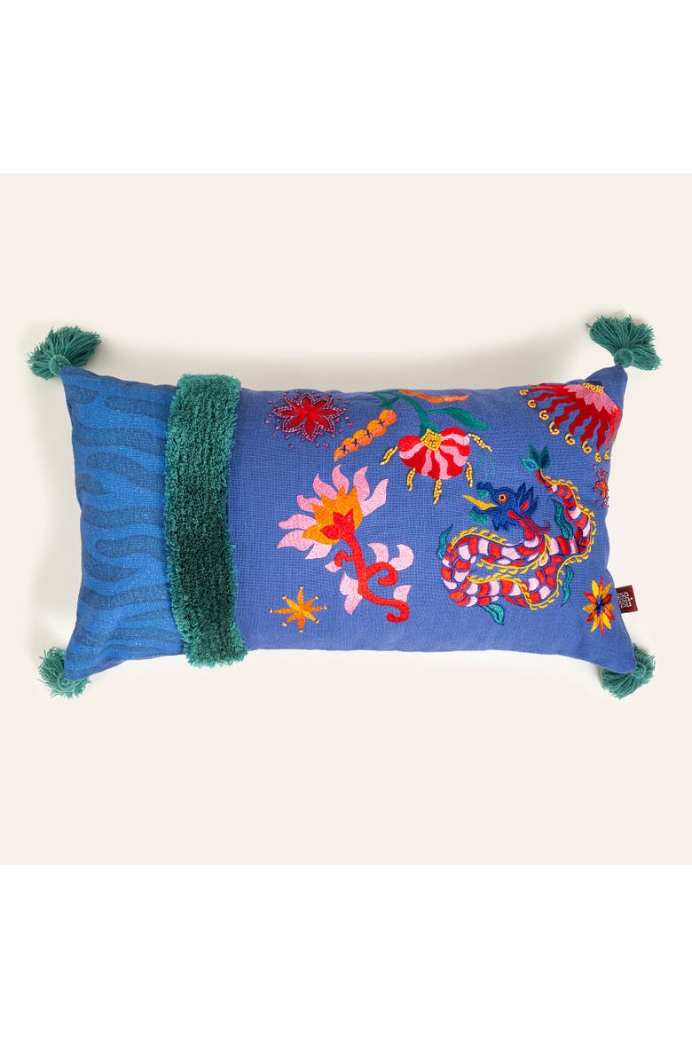 Ghuni Fringed Tasseled Embroidered 100% Cotton Home Accent, Main, color, Blue