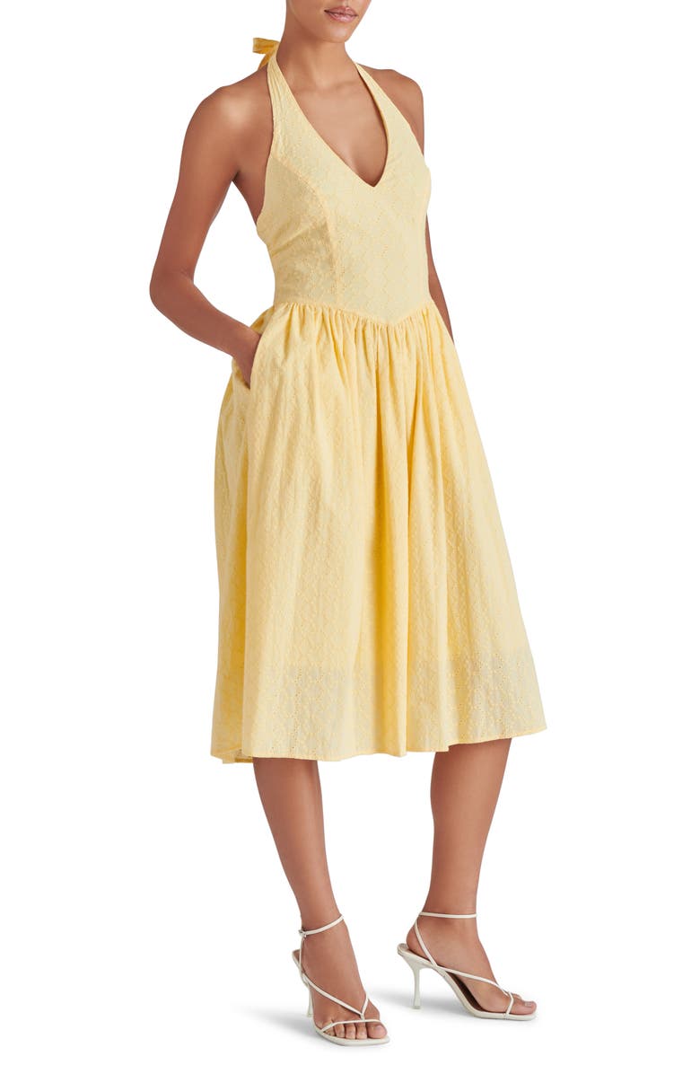 Steve Madden Ressi Eyelet Embroidered Cotton Halter Dress, Alternate, color, Golden Glow