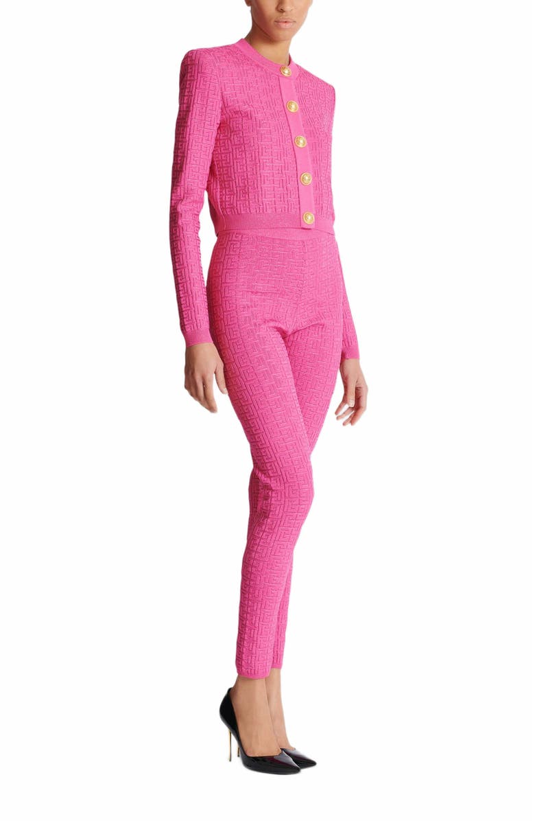 Balmain Cropped Monogrammed Knit Cardigan, Main, color, Pink