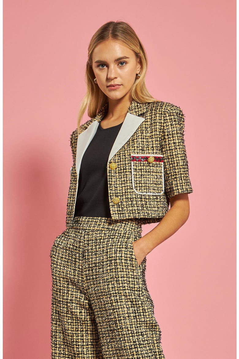 Premium Tweed Crop Jacket, Alternate, color, YELLOW/ BLACK