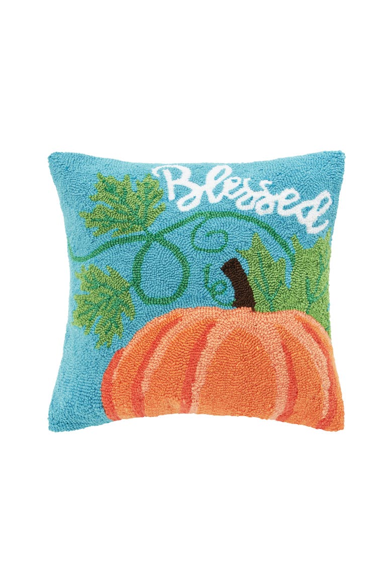 Blessed Pumpkin Hooked Throw Pillow, Main, color, Blue