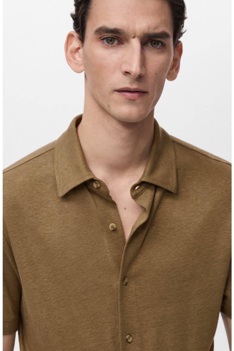 Regular Fit Short Sleeve Linen Blend Button-Up Shirt, Alternate, color, KHAKI