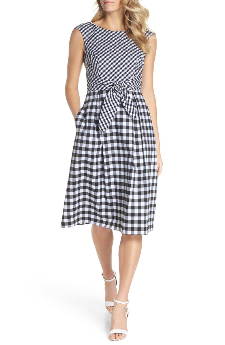 Adrianna Papell Gingham Tie Front Midi Dress, Main, color,
