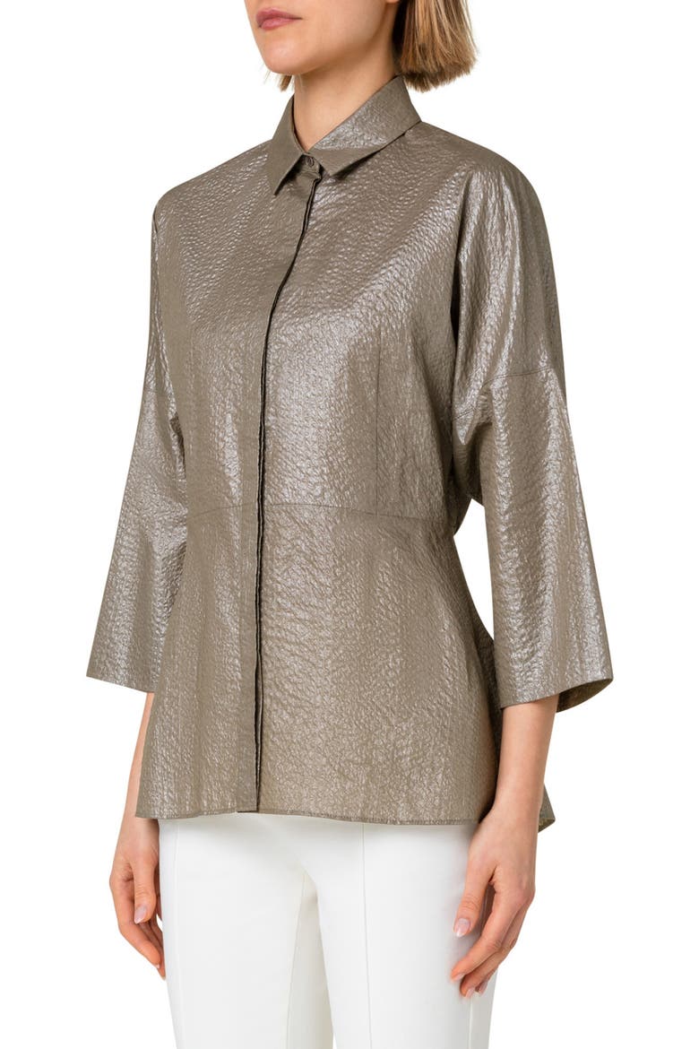 Metallic Coated Cotton Seersucker Blouse, Alternate, color, 158 KHAKI