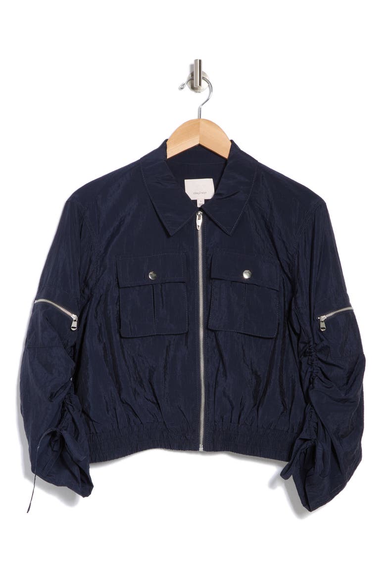 Genevive Ruched Sleeve Jacket, Alternate, color, NAVY