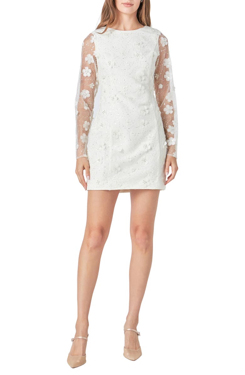Endless Rose Floral Appliqué Beaded Long Sleeve Minidress, Main, color, Cream