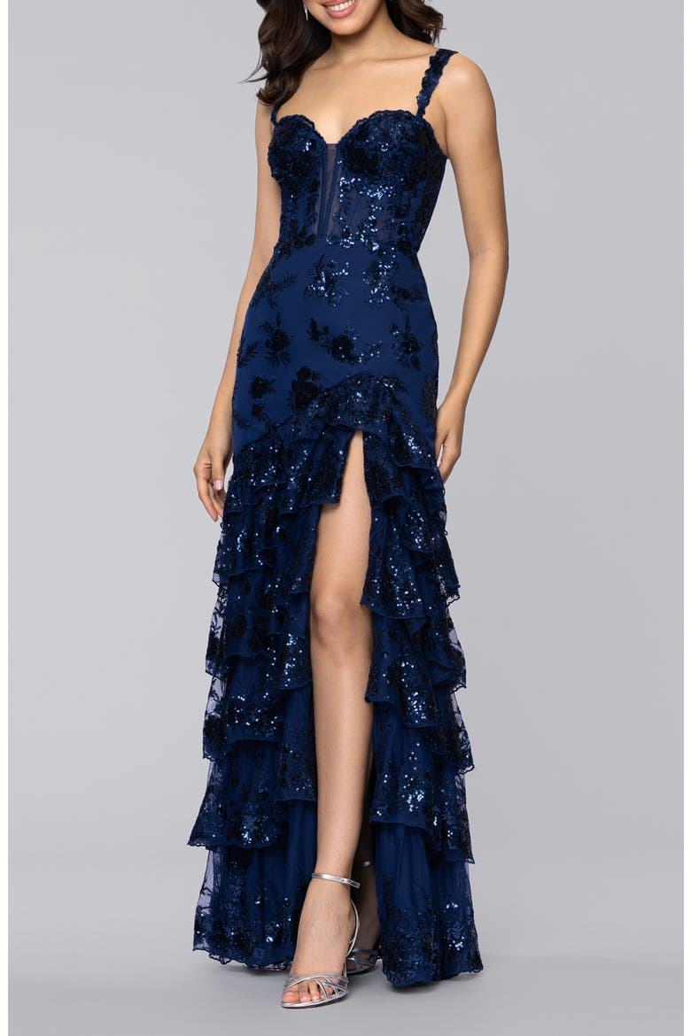 Sequin Embroidered Tiered Tulle Gown, Alternate, color, NAVY
