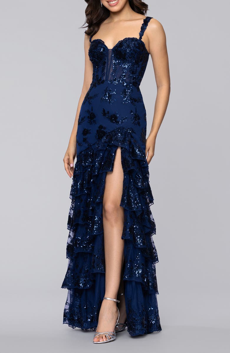 Blondie Nites Sequin Embroidered Tiered Tulle Gown, Alternate, color, Navy