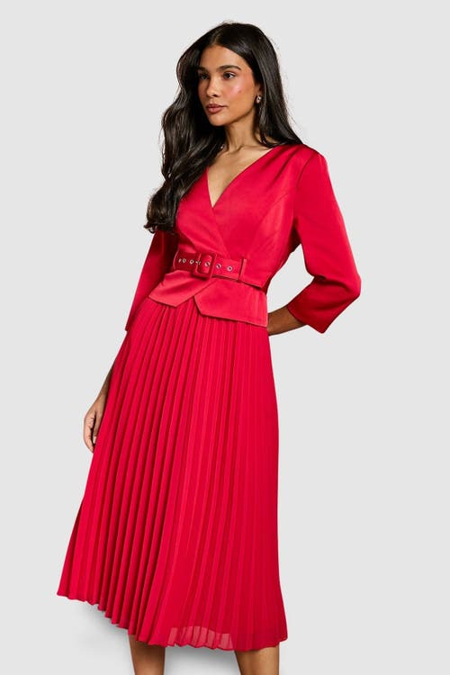 Coast Satin Bodice Pleat Skirt Midi Dress In Red