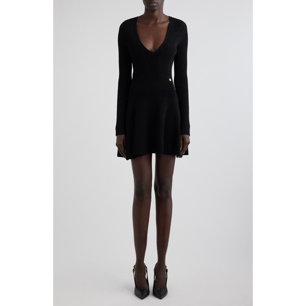 Balmain Long Sleeve Rib Sweater Dress In 0pa Black