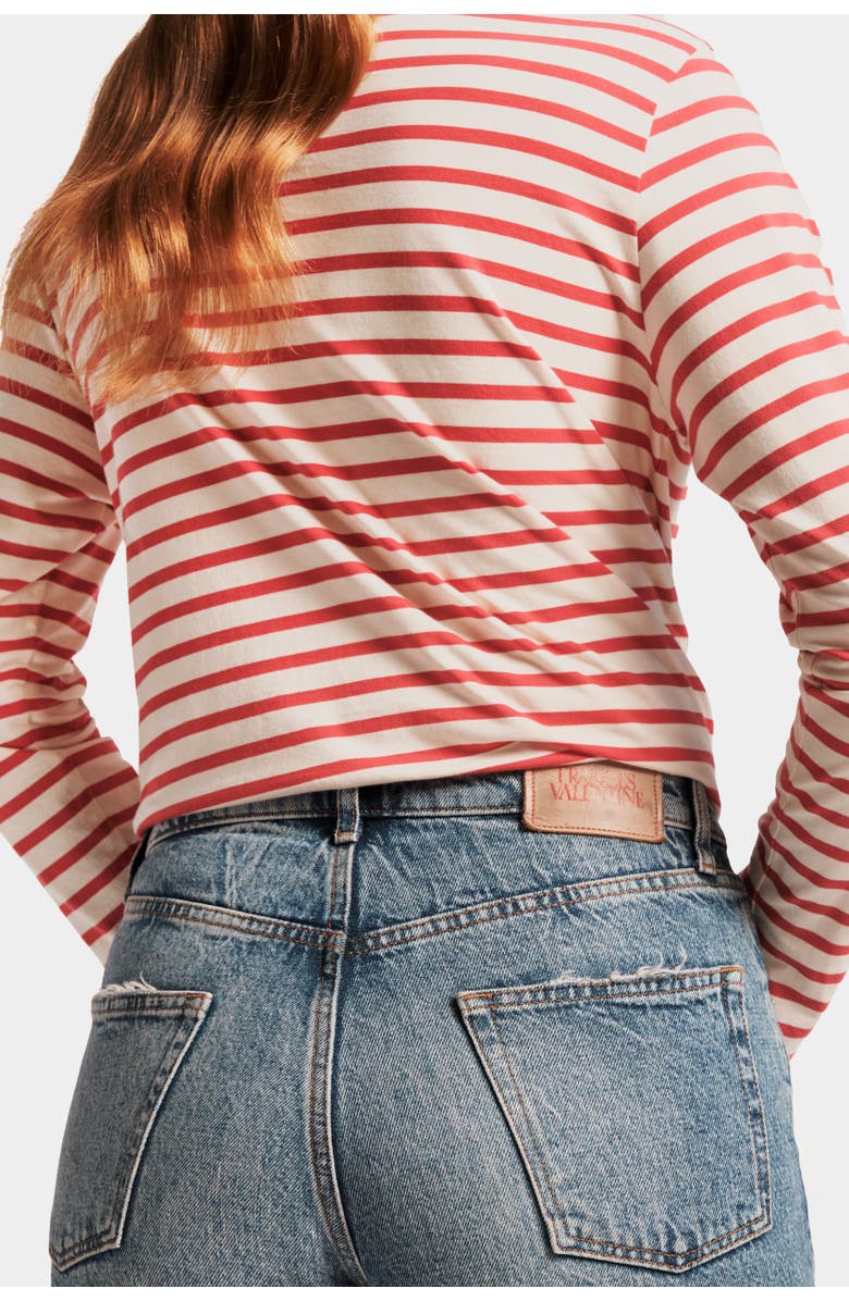 Frances Valentine Long Sleeve Striped Tee Shirt Stripe 100% Pima Cotton, Alternate, color, Oyster/Red