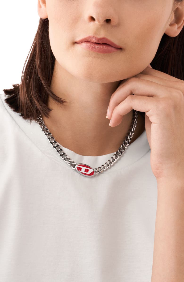 DIESEL<sup>®</sup> Oval D Enamel Pendant Chain Necklace, Alternate, color, Silver/ Red