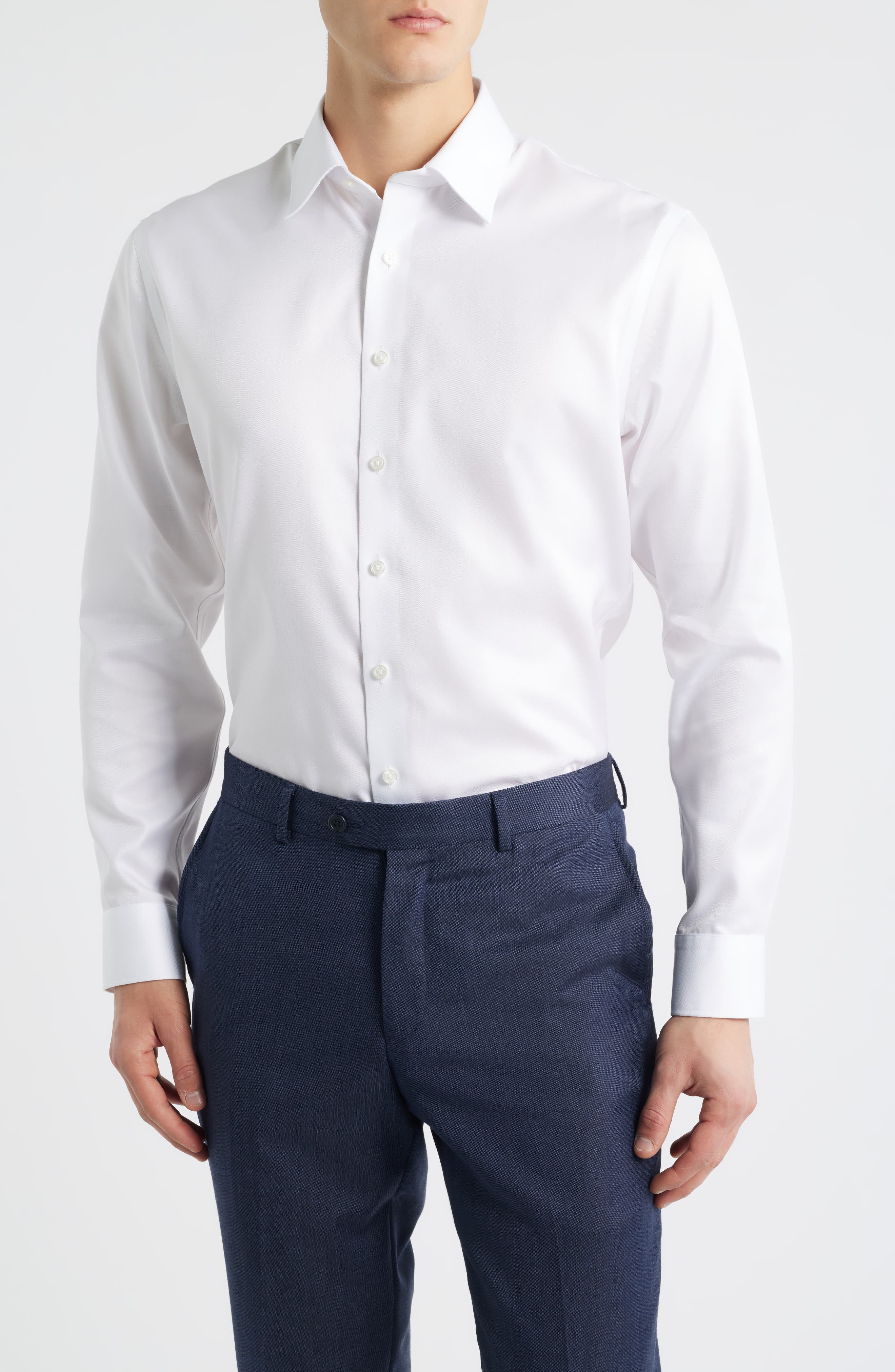 Nordstrom Trim Fit Solid Premium Non-Iron Cotton Herringbone Dress Shirt