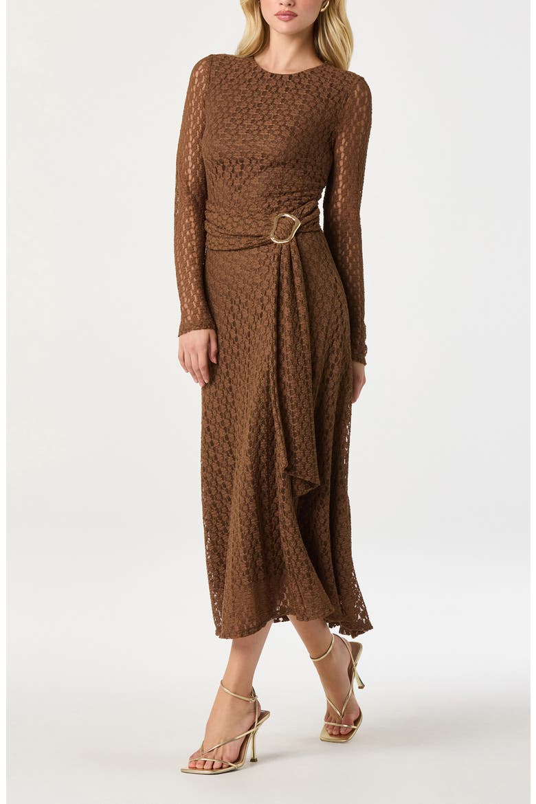 Long Sleeve Lace Midi Dress, Alternate, color, BROWN