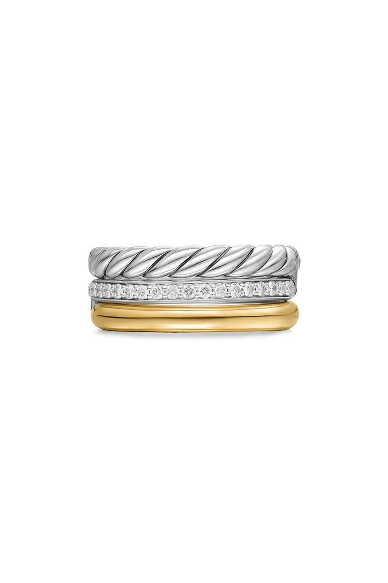 DY Mercer® Three Row Ring in Sterling Silver with 18K Yellow Gold & Diamonds, 8.9mm, Main, color, DIAMOND/ SILVER/ GOLD