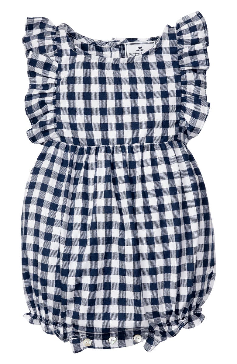 Petite Plume Kids' Ruffle Navy Gingham One-Piece Pajamas, Main, color, Navy