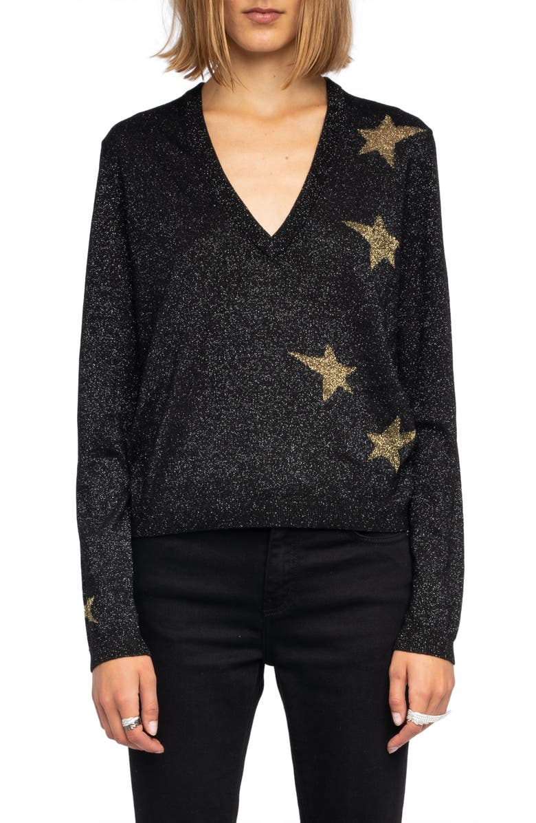 Zadig & Voltaire Rivy Stars Metallic Wool Blend Sweater, Main, color, Black