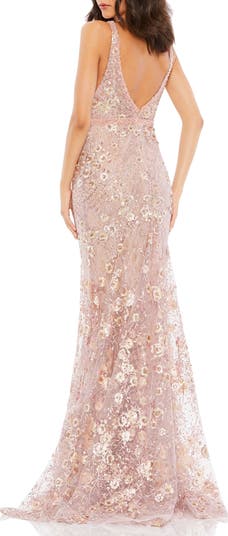 Floral Embellished Sleeveless Plunge Neck Gown