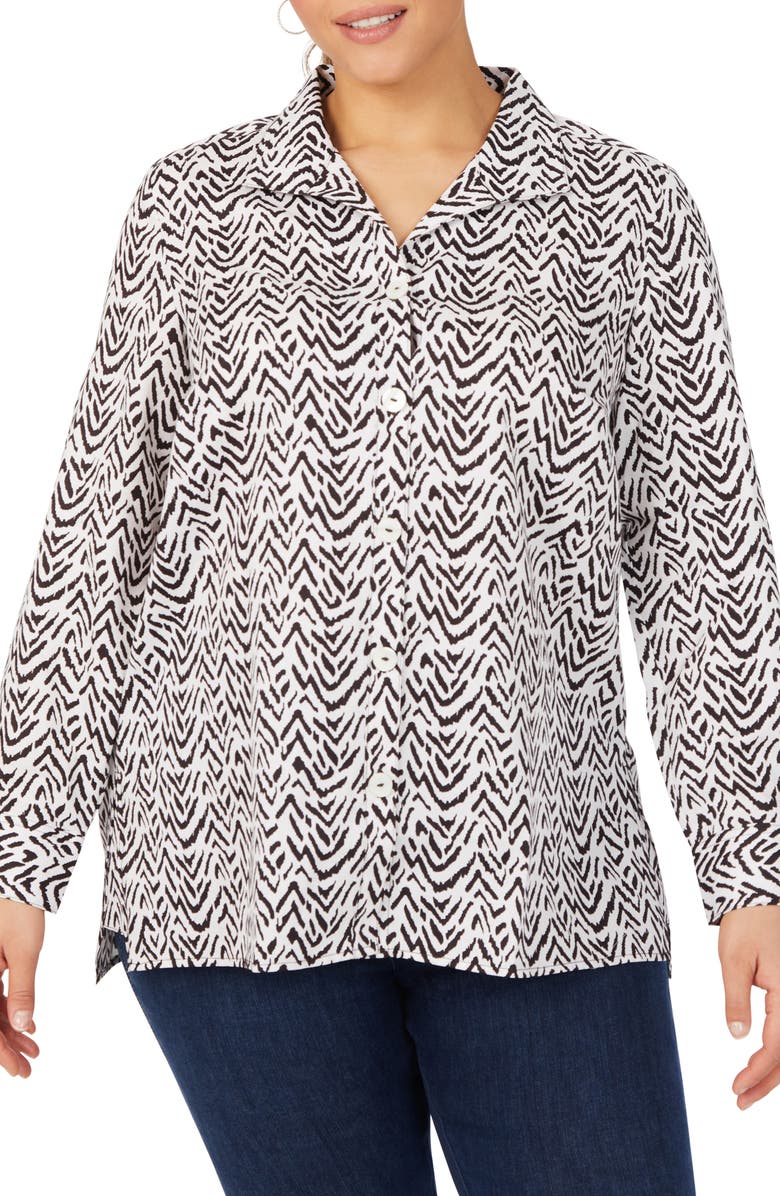 Foxcroft Rhett Animal Herringbone Button-Up Tunic Shirt, Main, color,