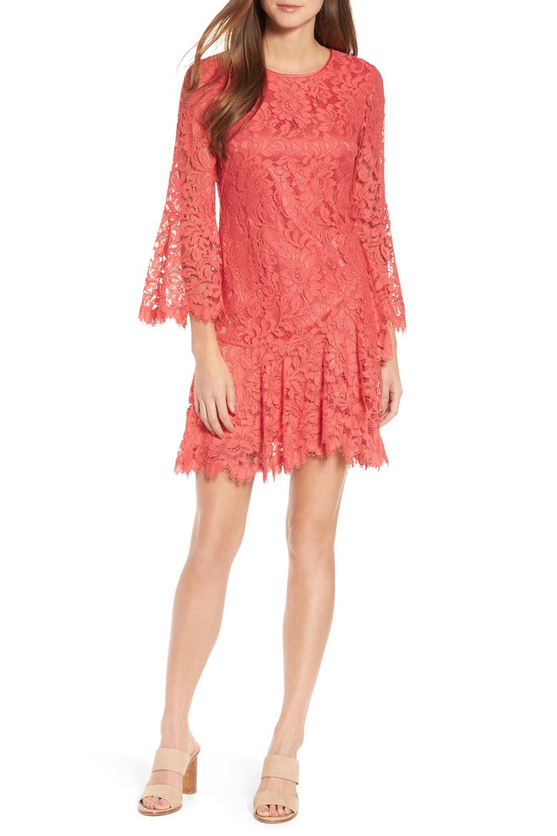 Lace Bell Sleeve Dress, Main, color, CORAL