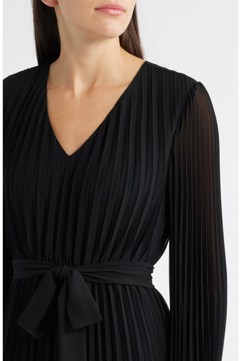 Pleated Long Sleeve Chiffon Midi Dress, Alternate, color, BLACK