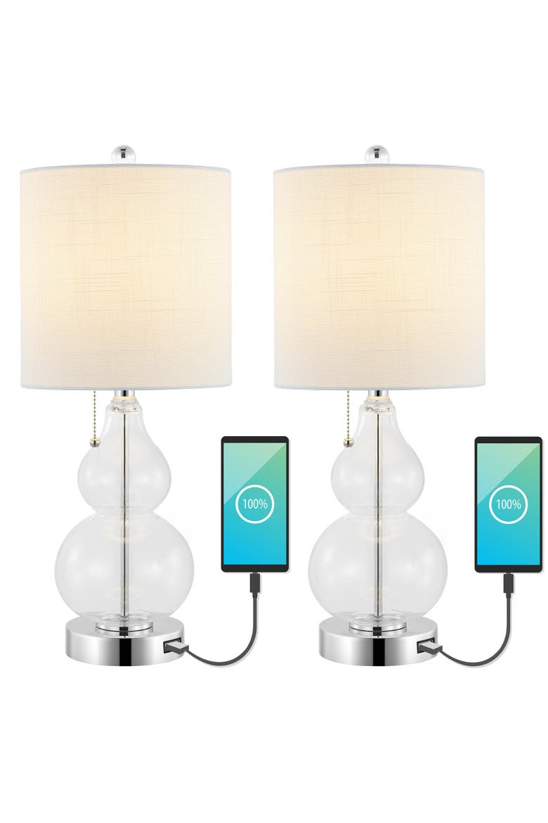 Cora 22" Classic Vintage Glass LED Table Lamp with USB Charging Port, Main, color, Chrome/Clear