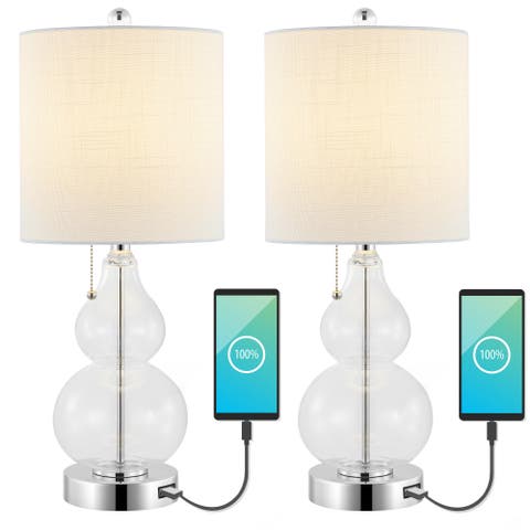 Cora 22" Classic Vintage Glass LED Table Lamp with USB Charging Port (Set of 2)