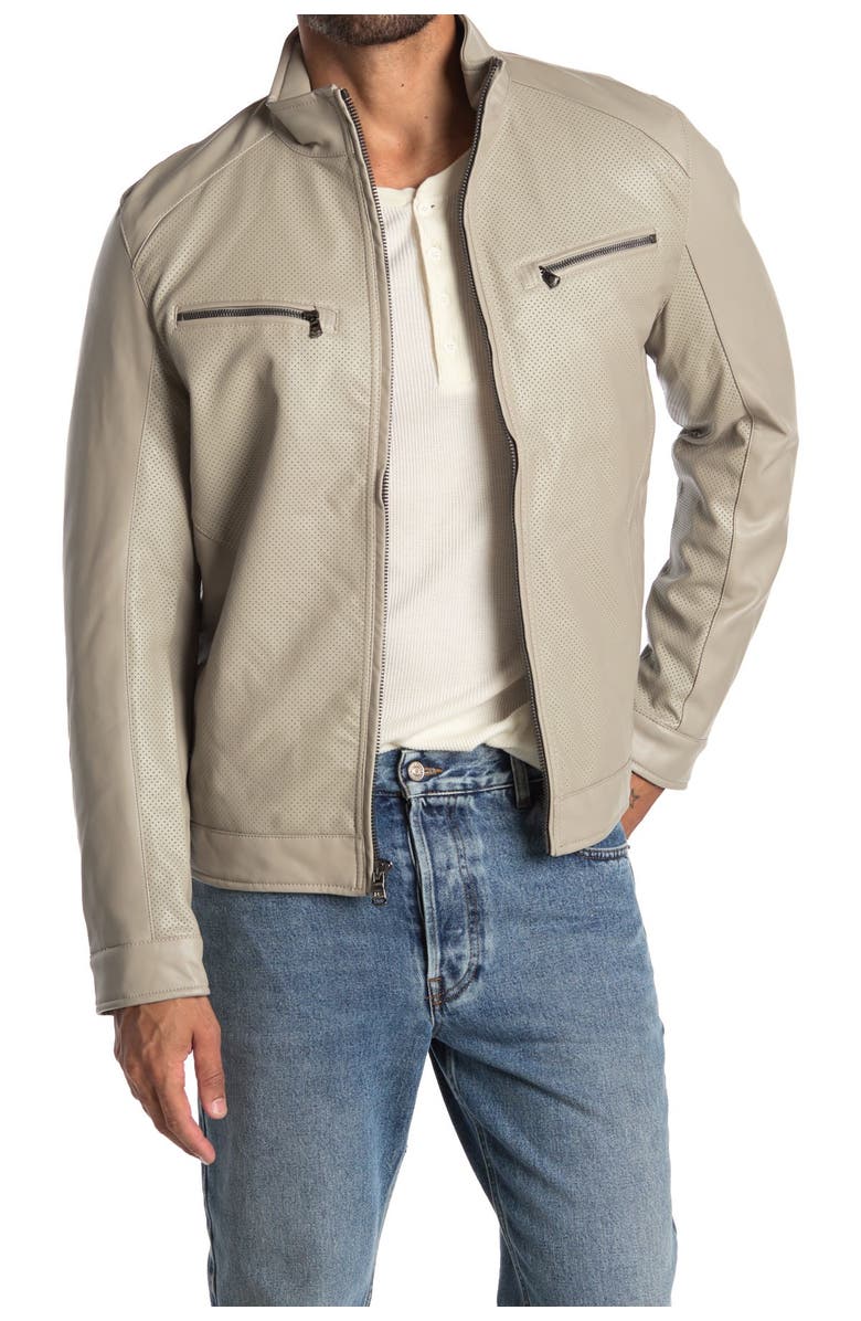 Michael Kors Perforated Faux Leather Moto Jacket, Main, color, Bone