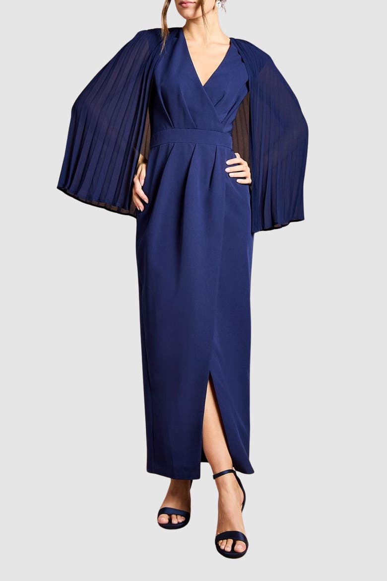Pleated Cape Detail Crepe Pencil Dress, Alternate, color, Navy
