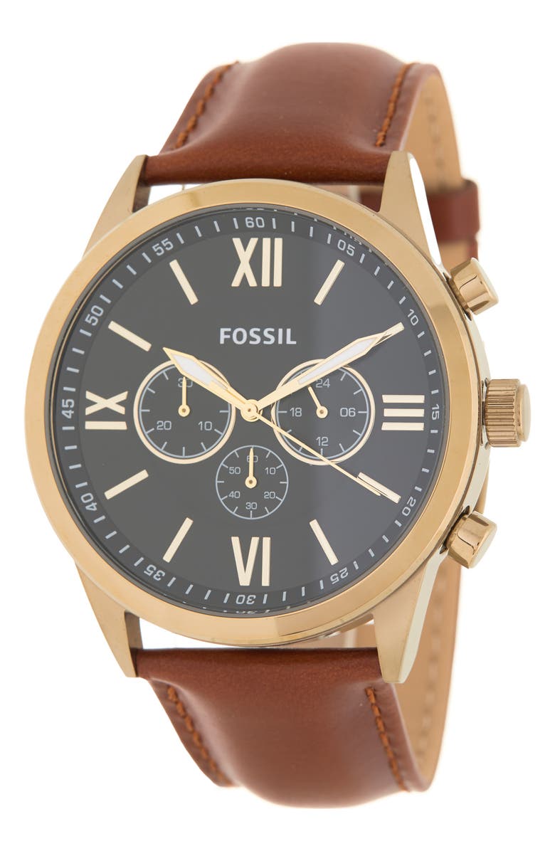 Fossil Flynn Chronograph Leather Strap Watch, 48mm, Main, color, 