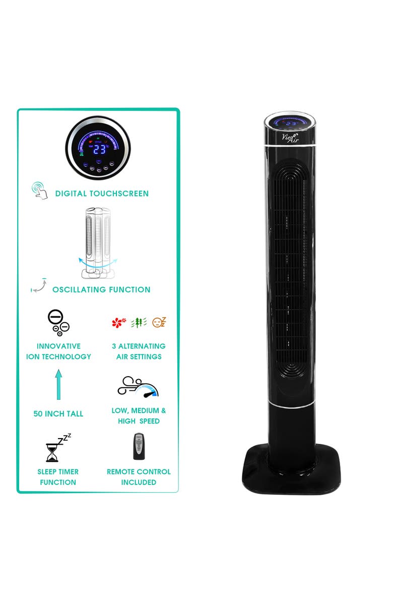 Vie Air 50in Luxury Digital 3 Speed High Velocity Tower Fan with Fresh Air Ionizer and Remote Control, Alternate, color, Black