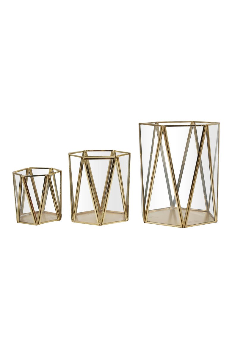 Set of 3 Modern Metal Lantern Candle Holders, Alternate, color, GOLD